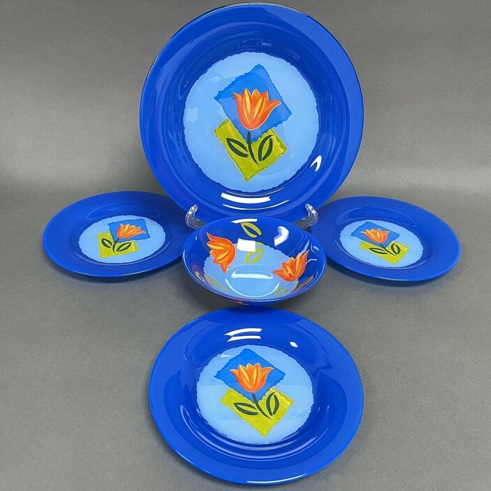 Cristal D'Arques-Durand Orange Tulips Maty's Blue Bowl Dinner Salad Plates Glass